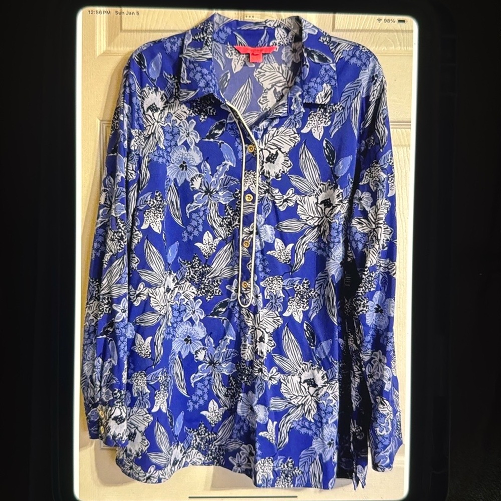 Lilly Pulitzer Giavana Long Sleeve Tunic Blouse Top Alba Blue Size XL
